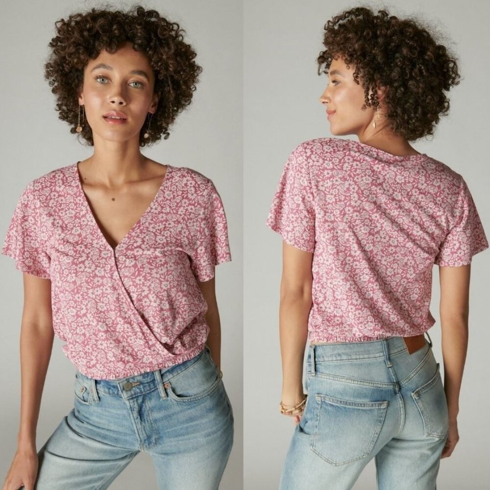 Lucky Brand Women's Wrap Rayon Printed Surplice Top Pink Multi Size Small NWOT
